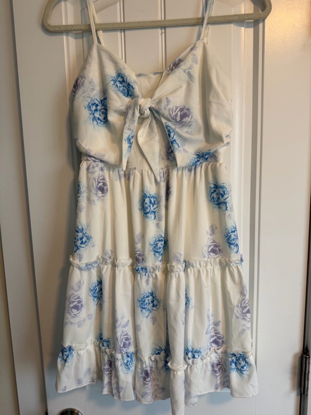 Ivory Floral Tie-Front Mini Dress with Blue & Lavender Roses